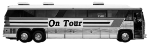 B&W bus with text "On Tour" printed on the side